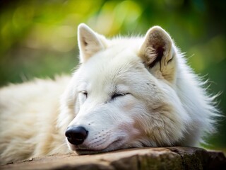 Obraz premium Close-Up Tilt-Shift White Wolf Sleeping Portrait - Peaceful Wildlife Photography