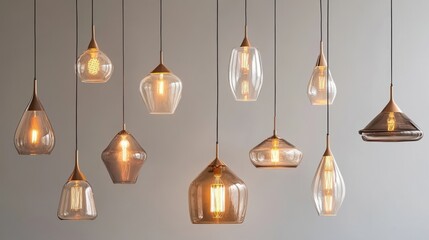 A collection of minimalist pendant lamps with clean lines and sleek designs, hanging elegantly on a gray backdrop for a timeless look