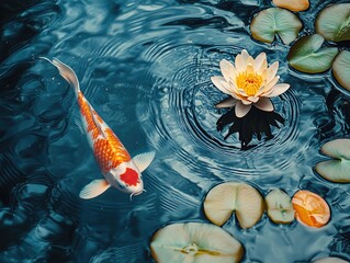 A tranquil koi pond scene with vibrant fish swimming among lily pads and subtle ripples on the water's surface.