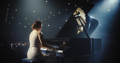 Female Composer Pours Her Soul Into the Grand Piano, Filling the Venue With Expressive Notes. Stage...
