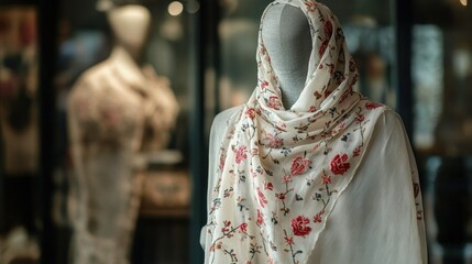 Fototapeta premium A delicate shawl with floral embroidery styled on a mannequin in a high-fashion setting