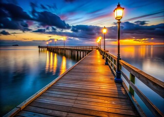 Obraz premium Coastal Pier at Dusk: Luminous Light Post Decor, Wooden Dock, Seaside Photography, Night Photography, Ocean View