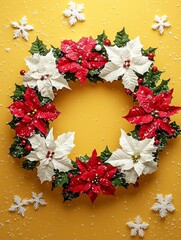 Vibrant Christmas Wreath Decorated with Poinsettias and Holly on a Bright Yellow Background for Festive Holiday Celebrations