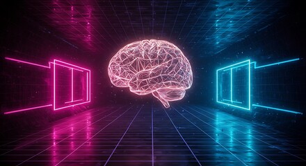 Abstract Glowing Digital Brain in Neon background. innovation cyberpunk skyline urban technology AI, data science neural networks machine learning vivid neon brain concept art illustration 