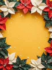 Festive Christmas Wreath with Colorful Poinsettia Flowers on a Bright Yellow Background, Perfect for Holiday Greetings and Seasonal Decor