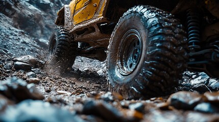 Yellow off-road vehicle climbs rocky, muddy terrain.