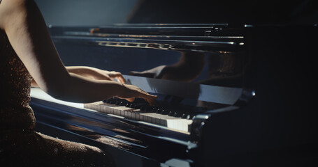 Close Up on Pianist's Hands. Female Performing Classical Instrumental Music on Stage. Musician...