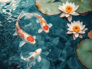 A tranquil koi pond scene with vibrant fish swimming among lily pads and subtle ripples on the water's surface.