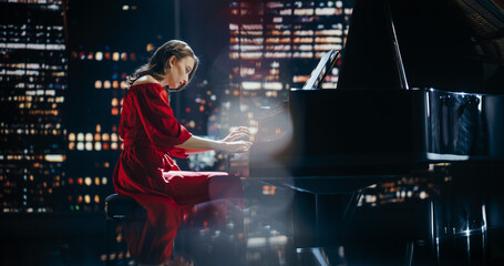 Female Pianist Playing Music, Performing Classical Compositions on Stage. Grand Piano Resounds With...