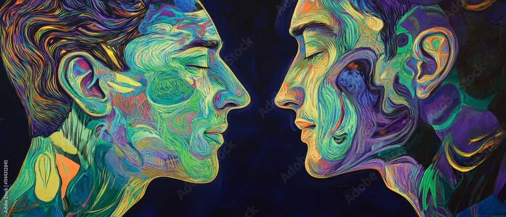 Poster Abstract Colorful Portrait of Two Faces in Profile: Embracing Diversity and Connection Through Art - Vibrant Expressionism Design