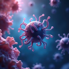 Detailed view of virus structure showcasing spikes, membranes, and cellular interactions under microscopic examination