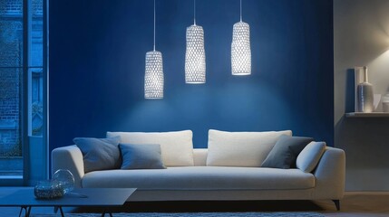 A contemporary living area with a cozy sofa, artistic pendant lights, and a bold blue wall for a dramatic yet elegant aesthetic