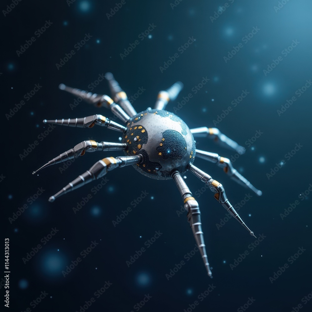Poster metallic futuristic spider design with intricate details and glowing elements in a dark, ethereal en