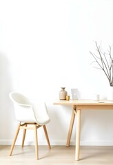 A minimalist home office setup with a wooden desk, a white chair, and a vase with branches on the desk. The background is blurred , creating a clean and serene atmosphere.