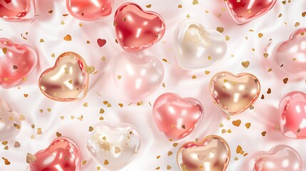 pattern with pink and pink 3D puffed hearts isolated on a white background