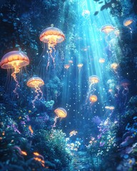 A whimsical underwater scene with jellyfish glowing softly and beams of sunlight penetrating the depths, creating an ethereal mood.