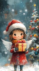 Christmas Angel with Gift in a Snowy Scene