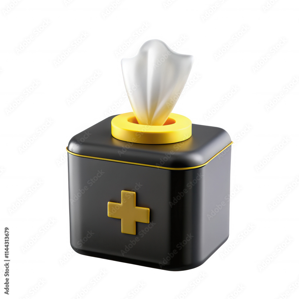 Poster a black and yellow tissue box with a stylized tissue emerging from the opening. this 3d model is vis