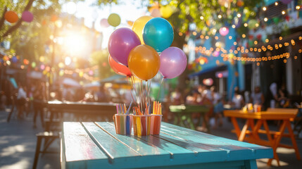 Colorful balloons and party decorations create festive atmosphere in vibrant outdoor setting