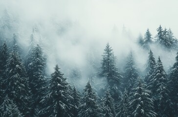 Obraz premium Misty Winter Forest with Snow-Covered Pine Trees and Low-Hanging Fog Creating a Serene and Mysterious Atmosphere in Nature