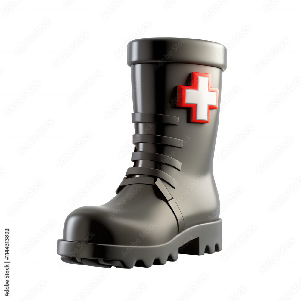 Poster this image features a stylish black boot designed with a red medical symbol, representing a healthca