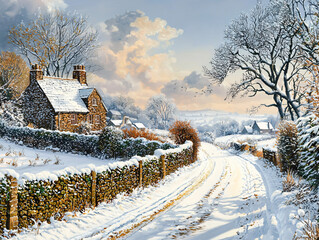 Snowy Cottage Lane