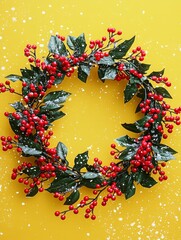 Bright and Cheerful Christmas Wreath with Red Berries on Vibrant Yellow Background, Perfect for Festive Holiday Decor and Seasonal Celebrations