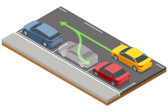 Isometric illustration of a parallel parking maneuver. A transparent car outline and green arrow indicate the parking trajectory between a red car and a blue car on the roadside