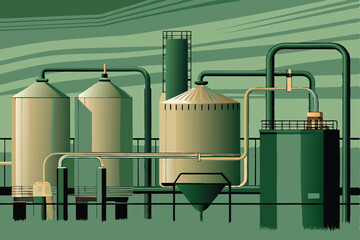 Create a detailed vector illustration of a large-scale bioenergy facility, showcasing biomass processing and energy generation.