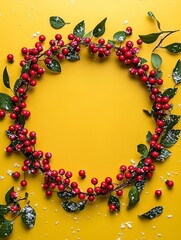 Christmas Wreath Border Design with Red Berries and Green Leaves Against a Yellow Background for Holiday Decorations and Seasonal Artwork Inspiration