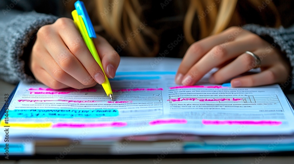 Aufkleber college student organizing fafsa and tax documents on a desk with highlighted notes stock photo with