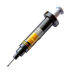 A detailed 3D rendering of a syringe, showcasing its design with a yellow liquid inside and a fine needle, ideal for medical icons or illustrations.