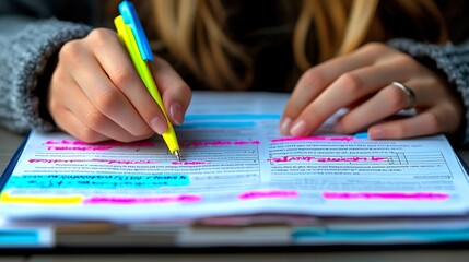 College student organizing FAFSA and tax documents on a desk with highlighted notes Stock Photo with side copy space