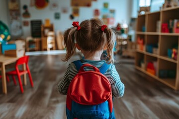 Little girl with pigtails is seen from behind, carrying a red and blue backpack in the kindergarten...