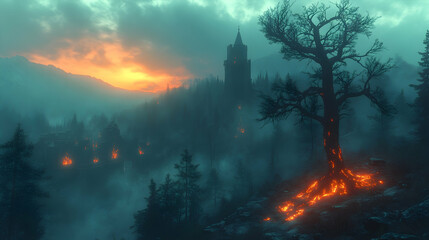 Fototapeta premium Burning tree near a misty, gothic castle at sunset.