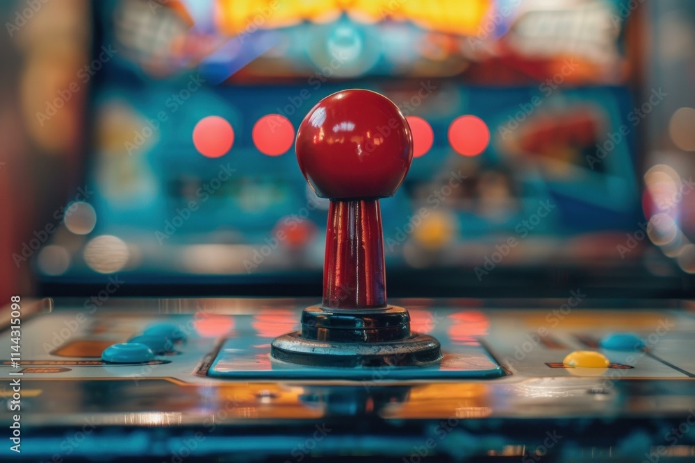 Poster close up of a red joystick from a classic arcade game machine