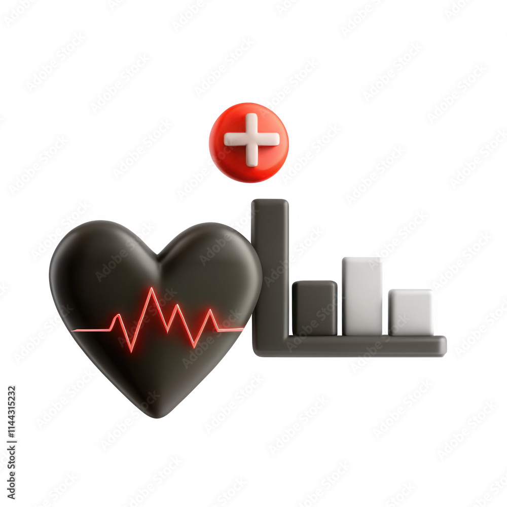 Poster a 3d representation of a heart with a heartbeat line, accompanied by a rising graph and a plus sign,