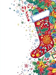 Vibrant Christmas Stocking with Colorful Decorations and Festive Elements, Perfect for Holiday Art and Celebration Themes with a Cheerful Border Design