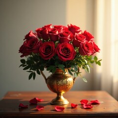 Roses in a vintage vase create an elegant centerpiece for a cozy indoor setting with soft light filtering through the window