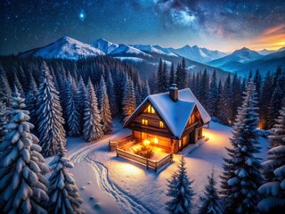 Fototapeta premium Cozy Fireside Background: Aerial View, Winter Cabin, Fireplace, Snow, Mountains, Night, Warmth, Romantic, Relaxing, Holiday, Christmas, New Year