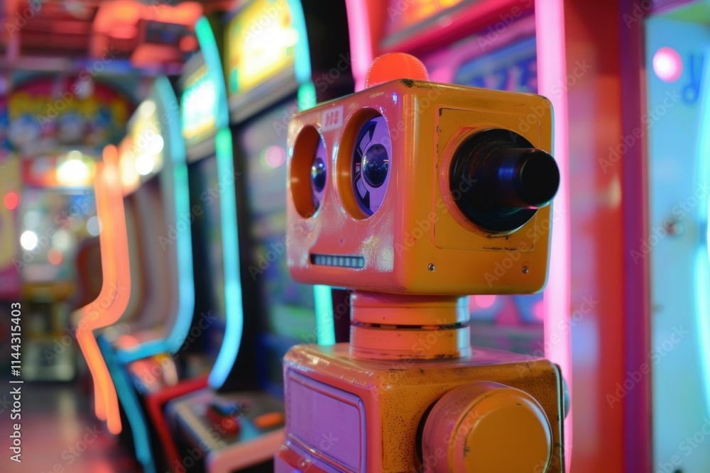 Poster retro robot is standing in an arcade, surrounded by colorful lights