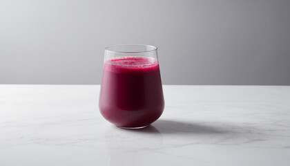 Beetroot juice in a minimalist style in rich purple-red hues representing healthy nutrition against a light gray marble background with copy space