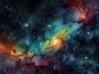 Fototapeta premium Watercolor art the universe with stars spread randomly in colorful sky 