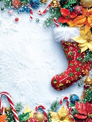 Colorful Christmas Stocking Surrounded by Festive Decorations, Including Ornaments, Candy Canes, and Vibrant Poinsettias on a Snowy Background