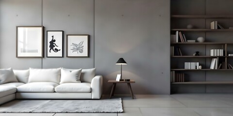 A minimalist living room with a gray concrete wall , a white sofa , and a small side table with a lamp.