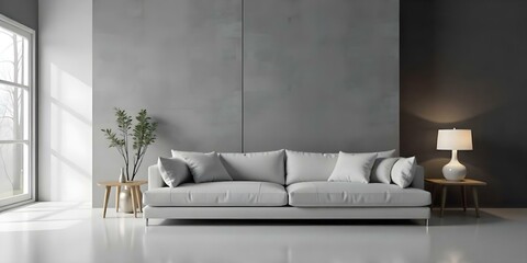 A minimalist living room with a gray concrete wall , a white sofa , and a small side table with a lamp.