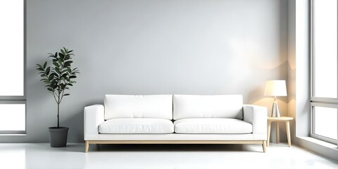 A minimalist living room with a gray concrete wall , a white sofa , and a small side table with a lamp.