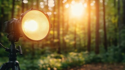 In a forest setting, a studio spotlight stands on a tripod, its golden glow blending harmoniously with the tranquil sunlight piercing through the lush trees, evoking serenity.
