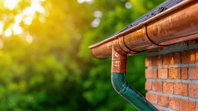 A close-up of a copper gutter attached to a brick wall, with a green downspout, set against a backdrop of lush greenery and warm sunlight.