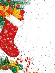 Festive Christmas Stocking with Colorful Decorations and Gifts Surrounded by Cheerful Holiday Elements, Perfect for Seasonal Art and Decoration